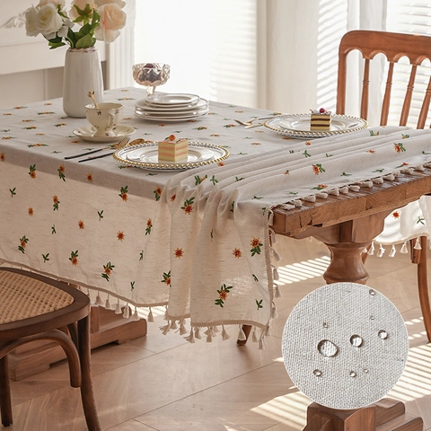 Waterproof Polyester Cotton Tablecloth With Floral Embroidery And Tassels Pastoral Rectangular Table Cover For Dining Room Kitchen