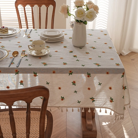 Waterproof Polyester Cotton Tablecloth With Floral Embroidery And Tassels Pastoral Rectangular Table Cover For Dining Room Kitchen