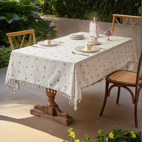 Floral Bestickt Quasten Tischdecke Dick Polyester Baumwolle Leinen Mischung Staubdicht Tuch Für Esstisch Schreibtisch Haus Dekor