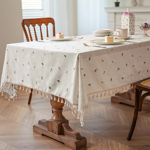Floral Bestickt Quasten Tischdecke Dick Polyester Baumwolle Leinen Mischung Staubdicht Tuch Für Esstisch Schreibtisch Haus Dekor