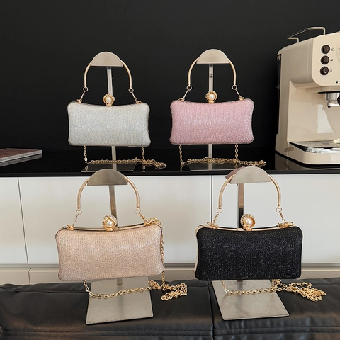 Borsa da Sera Luxury Glitter Clutch Donna Con Fibbia in Perla e Strass Tracolla a Catena d'Oro per Festa Matrimonio Banchetto