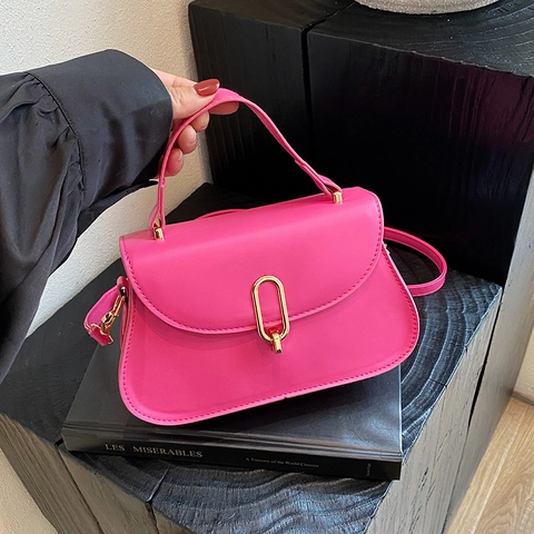 Women Vintage PU Leather Crossbody Bag Fashion Solid Color Saddle Bag With Metal Lock Elegant Shoulder Handbag Daily Purse