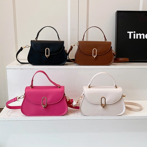 Women Vintage PU Leather Crossbody Bag Fashion Solid Color Saddle Bag With Metal Lock Elegant Shoulder Handbag Daily Purse