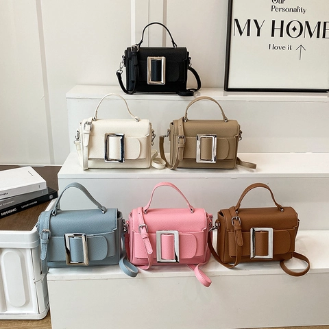 Women Pebble Pattern Crossbody Bag with Large Silver Square Buckle Fashion PU Leather Handbag Shoulder Box Bag Daily Use