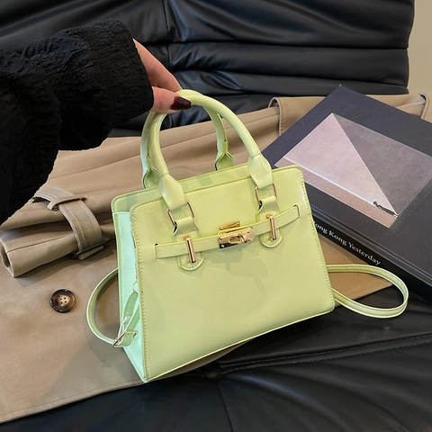 Women Handbag Glossy PU Leather Retro Crossbody Shoulder Bag With Gold Rotary Lock Trendy Commuter Small Square Bag