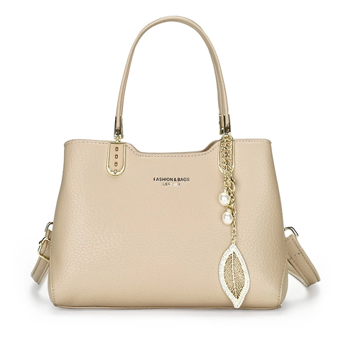 Borsa a Mano da Donna Retro con Motivo Litchi in Pelle PU Grande Capacità Borsa a Tracolla Tote con Pendaglio a Foglia di Perla Artificial Hardware Dorato