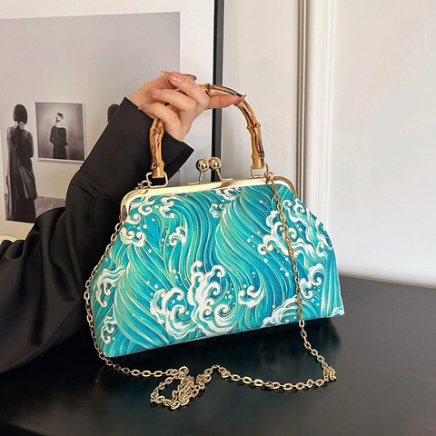 Women Retro New Chinese Style Handbag Wave Pattern Bamboo Handle Kiss Lock Crossbody Bag With Chain Strap Oriental Shell Bag