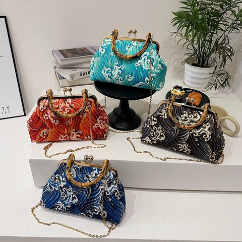 Women Retro New Chinese Style Handbag Wave Pattern Bamboo Handle Kiss Lock Crossbody Bag With Chain Strap Oriental Shell Bag