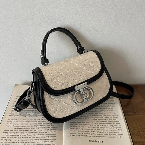 Vintage Women PU Leather Saddle Bag Embossed Letter Panda Pattern Metal Lock Crossbody Shoulder Handbag Contrast Color Fashion Bag