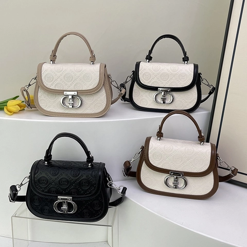 Vintage Women PU Leather Saddle Bag Embossed Letter Panda Pattern Metal Lock Crossbody Shoulder Handbag Contrast Color Fashion Bag