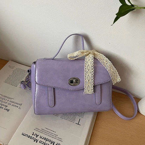 Sac Bandoulière Vintage En Cuir PU Petit Sac Carré Avec Nœud En Dentelle Serrure À Tournant Poignée Supérieure Pour Femmes