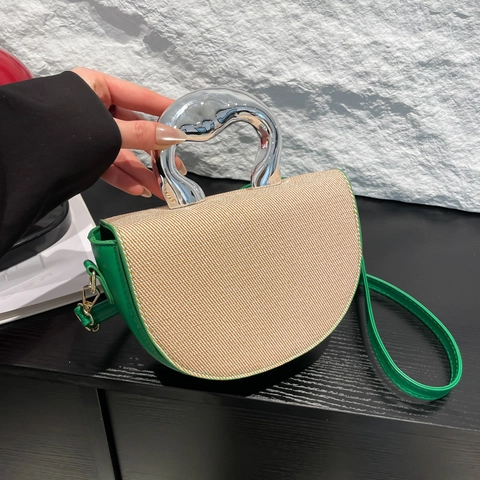 Borsa A Tracolla Alla Moda Da Donna Ecopelle Rigida Manico In Metallo Design Patchwork Semicerchio Chiusura Magnetica