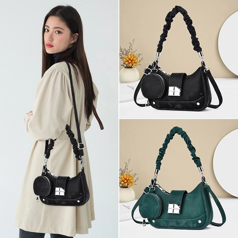 Women's Fashion PU Leather Underarm Bag Crescent Shoulder Crossbody Bag With Ruched Handle And Mini Round Purse Set
