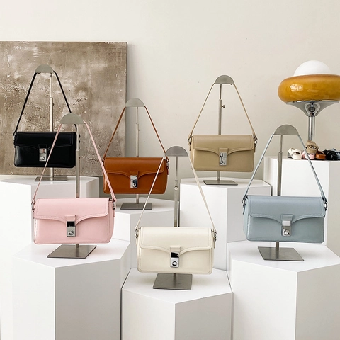 Women Crossbody Bag PU Leather Simple Retro Shoulder Bag With Silver Metal Lock Closure Square Underarm Daily Handbag