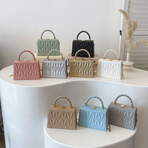 Quilted Chevron PU Leather Crossbody Box Bag Women Metal Chain Shoulder Handbag With Twisted Handle For Evening Party