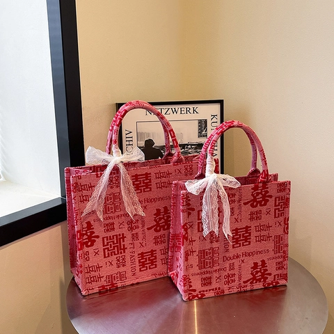 Sac Fourre-tout en Toile Double Bonheur Style Chinois Avec Nœud en Dentelle Grande Capacité Sac à Main Mariage Femme