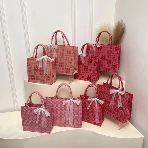 Sac Fourre-tout en Toile Double Bonheur Style Chinois Avec Nœud en Dentelle Grande Capacité Sac à Main Mariage Femme