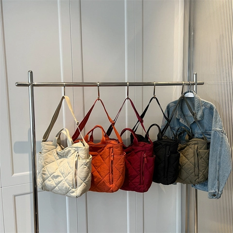Gesteppte Puffer Tote Tasche Große Kapazität Rautenmuster Nylon Wattierte Umhängetasche Lässiges Pendeln Für Damen