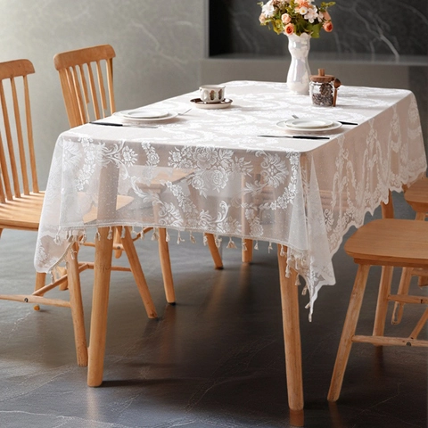 Nappe Français Rétro Dentelle Broderie Florale Rectangulaire Antipoussière Avec Glands Pour Salle À Manger Table Basse