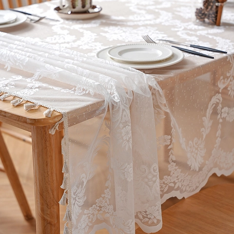 Nappe Français Rétro Dentelle Broderie Florale Rectangulaire Antipoussière Avec Glands Pour Salle À Manger Table Basse