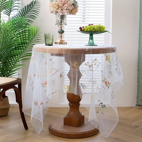 Mantel de Malla Bordada Estilo Ins Blanco Verde Tul Floral Mariposa Cubierta de Mesa para Comedor Cocina Decoración Hogar