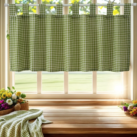 Gingham Tab Top Cafe Curtain Cotton Polyester Blend Check Pattern Short Kitchen Window Drapes Pastoral Style Home Decor
