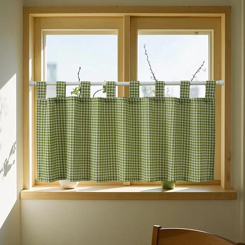 Gingham Tab Top Cafe Curtain Cotton Polyester Blend Check Pattern Short Kitchen Window Drapes Pastoral Style Home Decor
