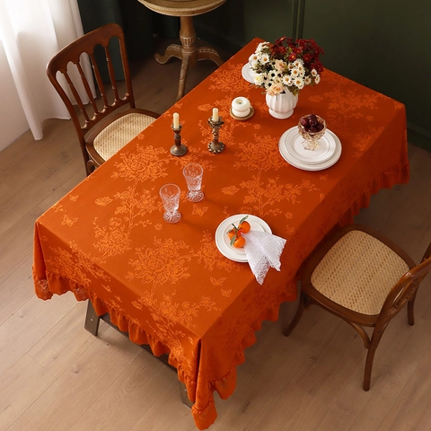 Französische Retro Verdickte Jacquard Tischdecke Mit Rüschen Spitzenkante Elegante Botanische Blumen Schmetterlingsmuster Rechteckige Tischdecke Für Esszimmer Party Zuhause Dekor