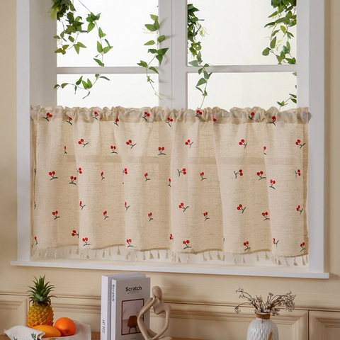 Embroidered Cafe Curtain Linen Look Short Window Treatment Cherry Pineapple Pattern Tassel Trim Rod Pocket Kitchen Decor