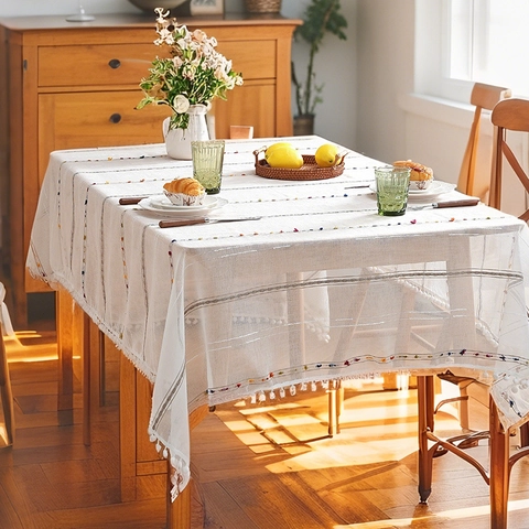 Nordic Tablecloth Colorful Stripes Pom-Pom Fringe Gauze Minimalist Decorative For Dining Room Coffee Table Home