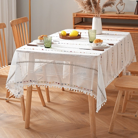 Nordic Style Rectangular Tablecloth With Colorful Embroidered Stripes And White Pom Pom Trim Polyester Dustproof Table Cover