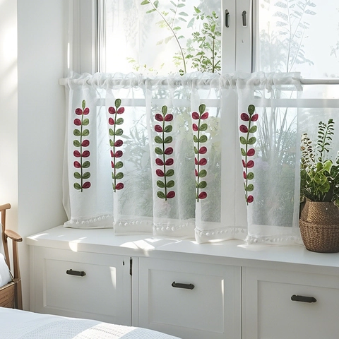 Embroidered Leaf Cafe Curtain Polyester Semi Transparent Rod Pocket Short Valance With Pom Poms For Kitchen Cabinet
