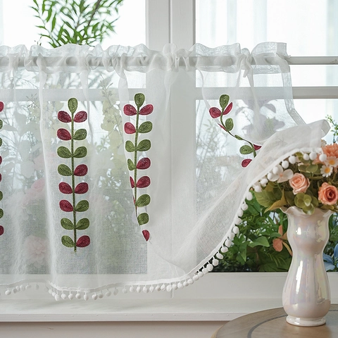 Embroidered Leaf Cafe Curtain Polyester Semi Transparent Rod Pocket Short Valance With Pom Poms For Kitchen Cabinet