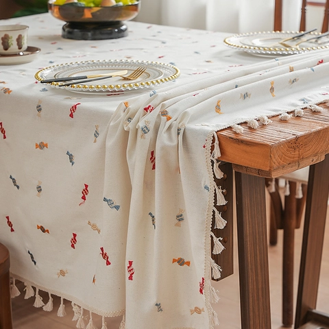 Candy Embroidery Tassel Rectangular Tablecloth Cotton Linen Feel Decorative Dustproof Table Cover For Dining Room Kitchen Decor
