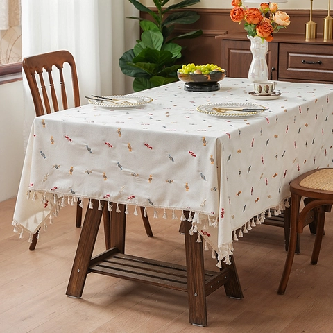 Candy Embroidery Tassel Rectangular Tablecloth Cotton Linen Feel Decorative Dustproof Table Cover For Dining Room Kitchen Decor