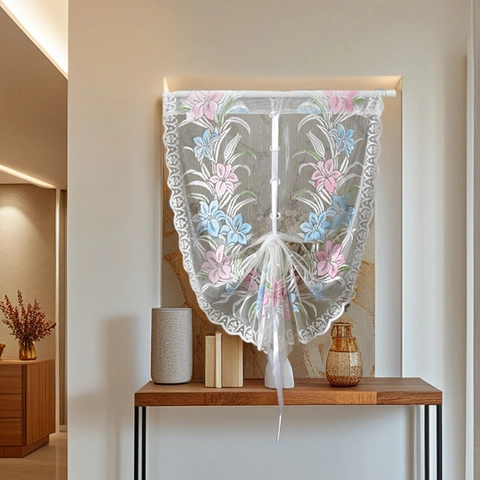 Rideau Relevable en Dentelle Pastorale Imprimé Floral Store Romain Semi-transparent Vintage Français Rideau de Porte à Nouer Pour Chambre Bureau Décoration Maison