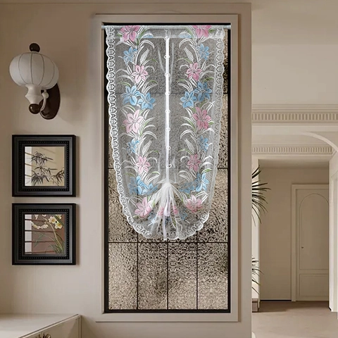 Rideau Relevable en Dentelle Pastorale Imprimé Floral Store Romain Semi-transparent Vintage Français Rideau de Porte à Nouer Pour Chambre Bureau Décoration Maison