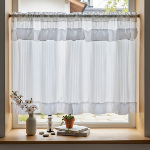 Moderne Witte Verticale Streep Polyester Café Gordijnen Met Ruffles Voor Keuken Slaapkamer Decoratieve Korte Venster Halve Gordijnen