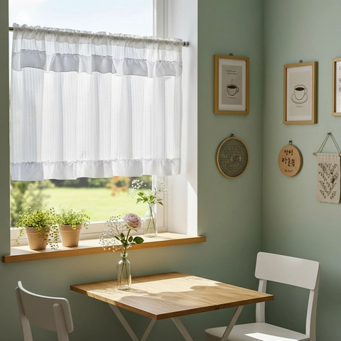 Moderne Witte Verticale Streep Polyester Café Gordijnen Met Ruffles Voor Keuken Slaapkamer Decoratieve Korte Venster Halve Gordijnen