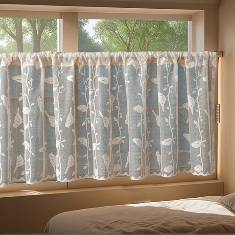 Lace Sheer Cafe Curtain Polyester Bird Plant Pattern Rod Pocket Wave Edge French Pastoral Style Valance For Window