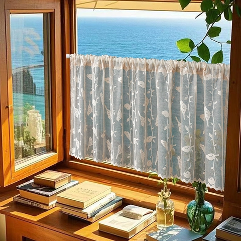 Lace Sheer Cafe Curtain Polyester Bird Plant Pattern Rod Pocket Wave Edge French Pastoral Style Valance For Window