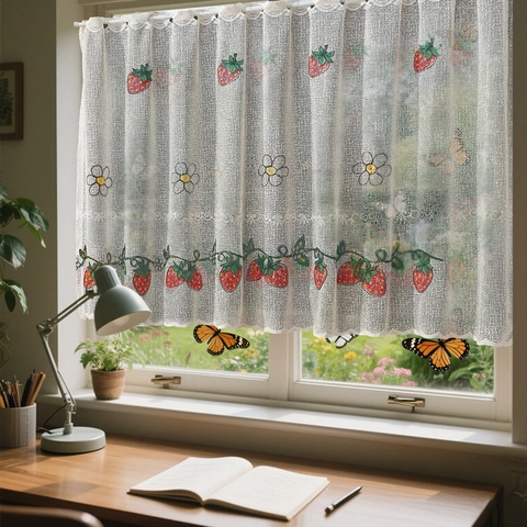 American Style Embroidery Cafe Curtains White Sheer Lace Strawberry Lemon Pattern Kitchen Window Valance Short Curtains