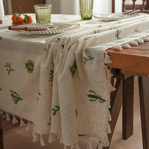 Tablecloth Polyester Linen Texture Cactus Wheat Embroidery With Tassels Dustproof Decorative Rectangular Pastoral Style