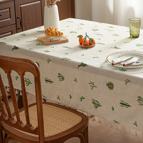 Tablecloth Polyester Linen Texture Cactus Wheat Embroidery With Tassels Dustproof Decorative Rectangular Pastoral Style