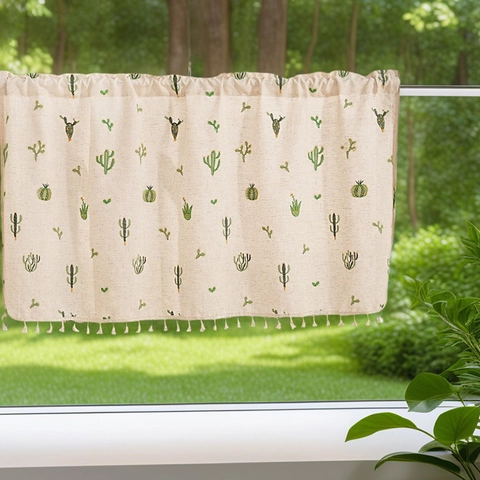 Tenda Da Caffè Ricamata Cactus Trama Lino Mezza Tenda Con Bordo A Nappe Per Cucina Camera Da Letto Stile Fattoria