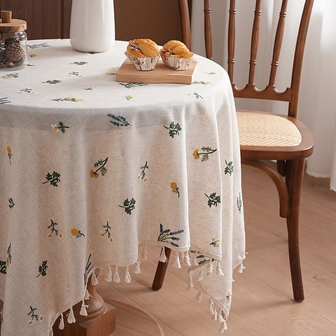 Pastoral Cotton Linen Embroidered Tablecloth With Tassel Floral Wheat Ears Pattern Rectangular Round Table Cover For Dining