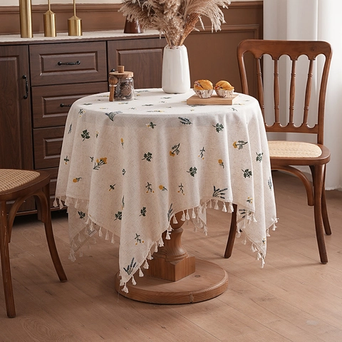Pastoral Leinen Textur Polyester Tischdecke Mit Blumen Stickerei Und Quasten Für Esszimmer Küche Dekor Tischtuch