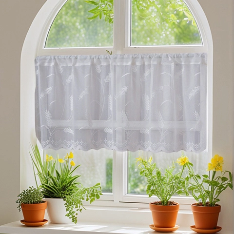 Cortinas de Café de Encaje Blanco Bordadas Bolsillo para Varilla Niveles Cortos Cortinas de Café Patrones Espiga de Trigo Palmera Borde Festoneado para Decoración de Cocina