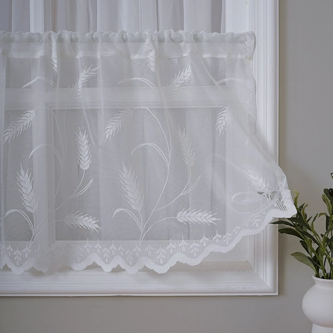 Cortinas de Café de Encaje Blanco Bordadas Bolsillo para Varilla Niveles Cortos Cortinas de Café Patrones Espiga de Trigo Palmera Borde Festoneado para Decoración de Cocina