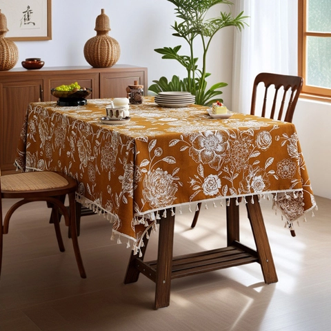 Mantel Rectangular Floral Vintage Con Borlas Deshilachadas Poliéster Grueso Antipolvo Tapete De Escritorio Para Mesa De Comedor Mesa De Centro Decoración